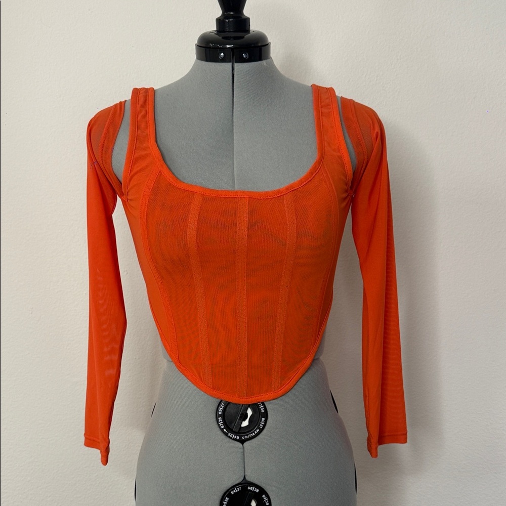 Dyln Bright Orange Long Sleeve Mesh Corset Crop Top S
